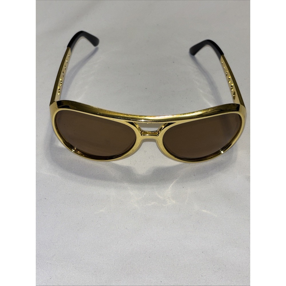 Gold Tone Aviator Sunglasses Y2K Wrap Cutout Bridge Brown Lens Retro
